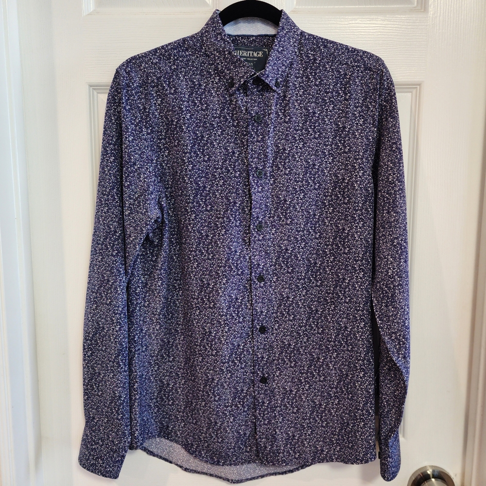 Heritage Men's Blue Patterned Button Down Shirt 4 Way Stretch Small